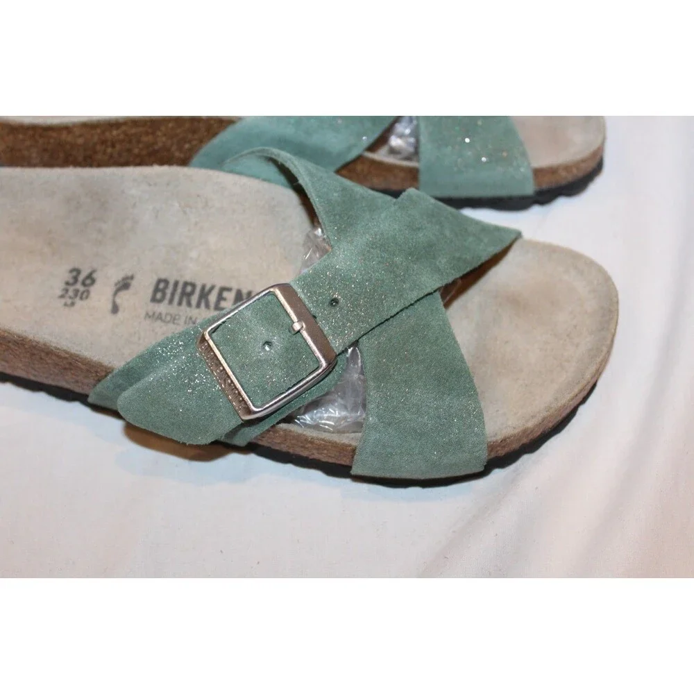 Birkenstock Women's Siena Suede Cross Sandals Thyme Metallic EU 36 NARROW NIB